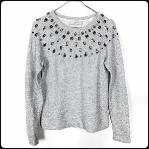 LOFT ANN TAYLOR Gray Jeweled Gray Scoop Neck Sweater Size: X-Small